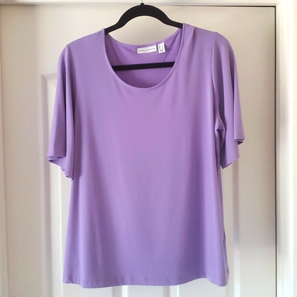Susan Graver Liquid Knit Top, Scoop Neck, short-sleeved, lavender, L